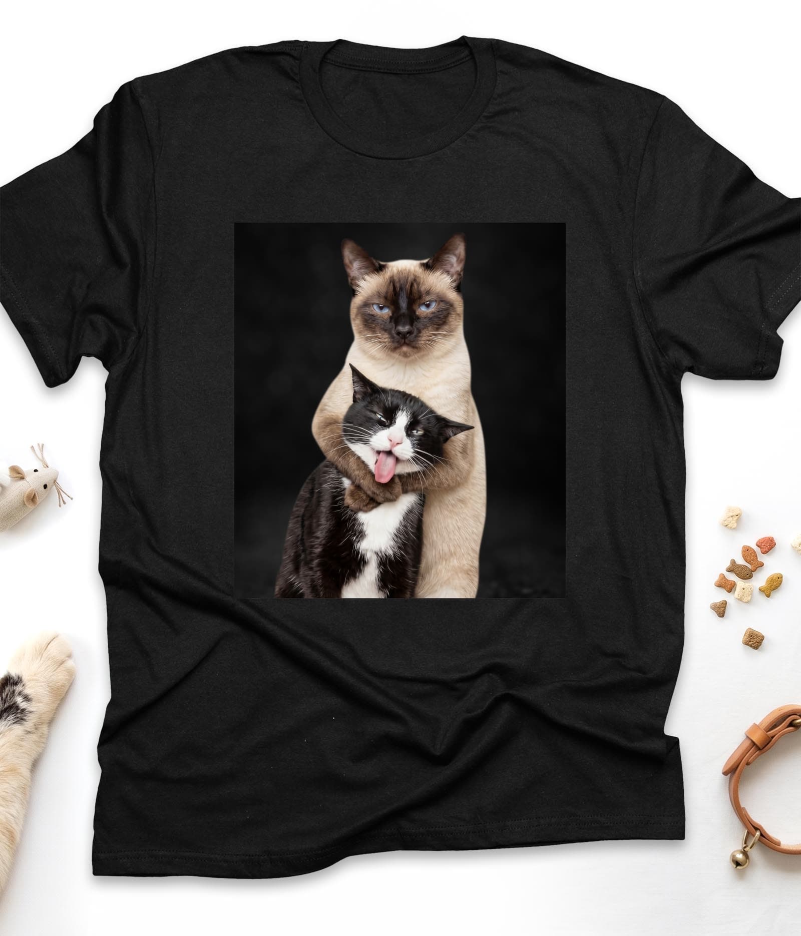 Black funny cat t-shirt with "Hugging Cats" design, front view