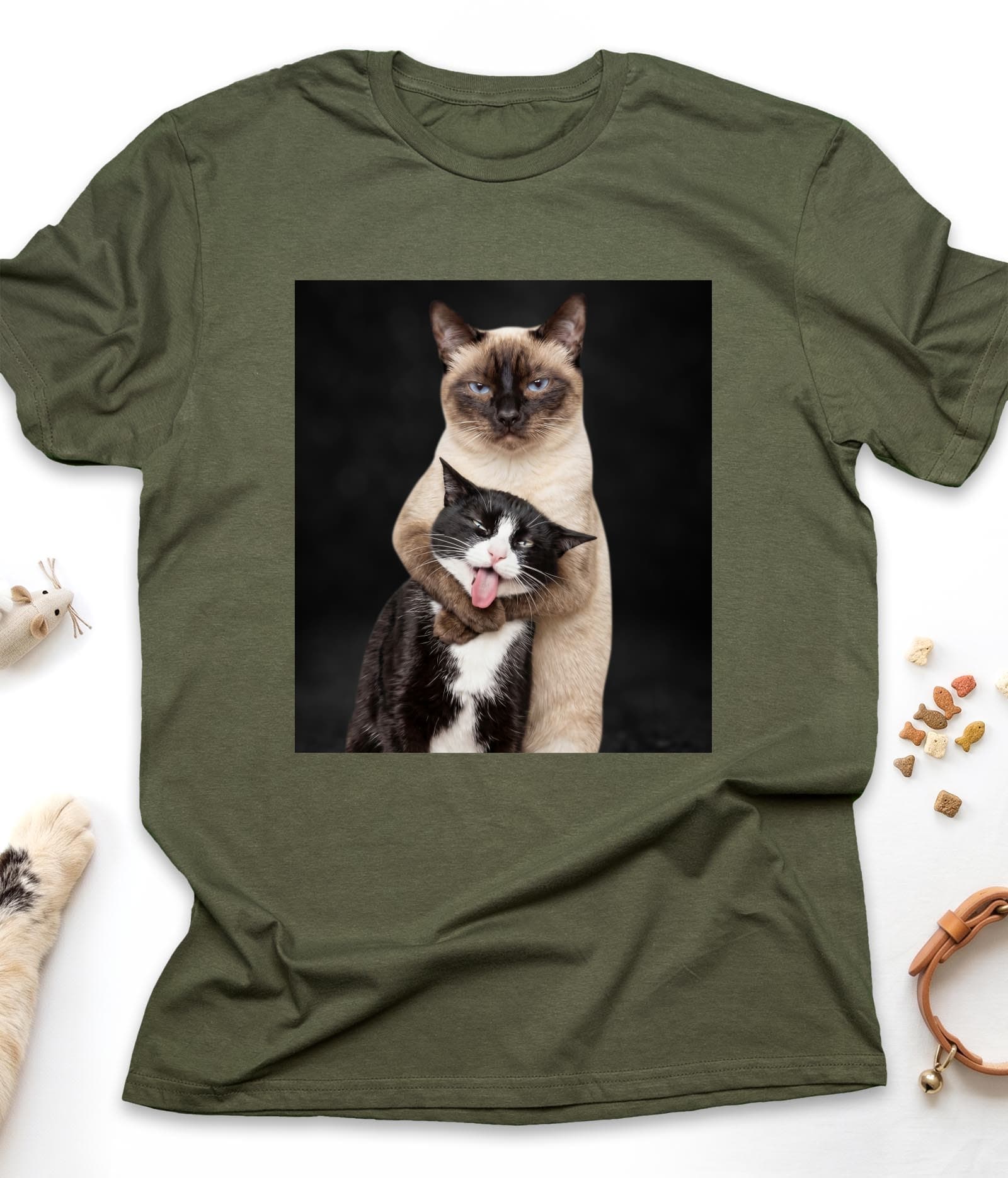 Military Green funny cat t-shirt with "Hugging Cats" design, front view