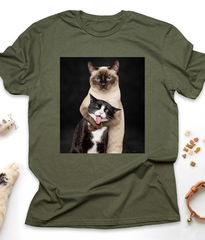 Military Green funny cat t-shirt with "Hugging Cats" design, front view