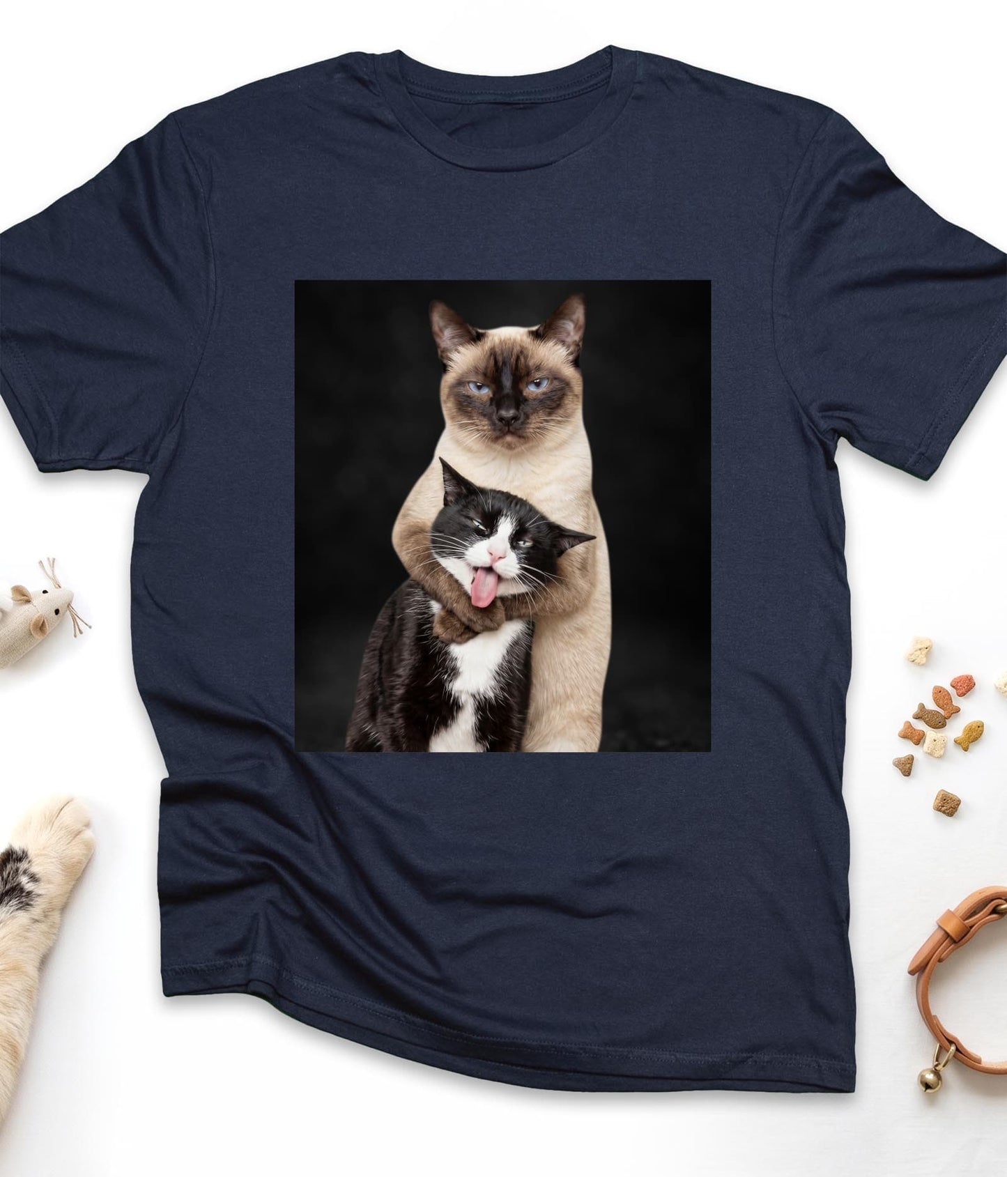 Navy funny cat t-shirt with "Hugging Cats" design, front view
