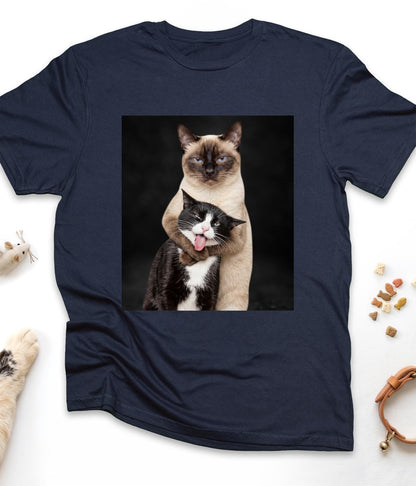 Navy funny cat t-shirt with "Hugging Cats" design, front view