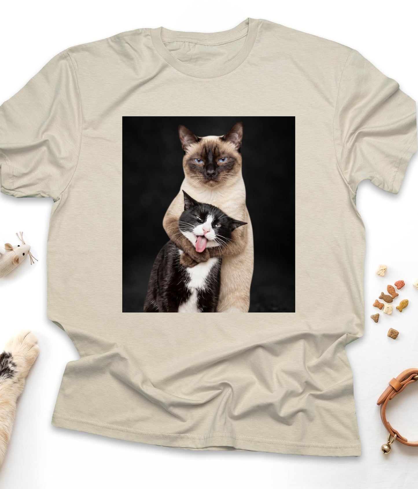 Sand funny cat t-shirt with "Hugging Cats" design, front view