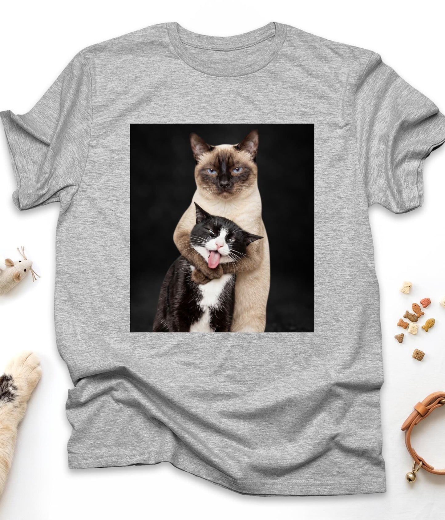 Sport Grey funny cat t-shirt with "Hugging Cats" design, front view