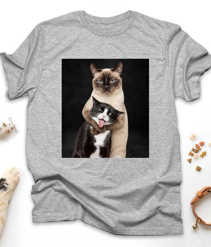 Sport Grey funny cat t-shirt with "Hugging Cats" design, front view