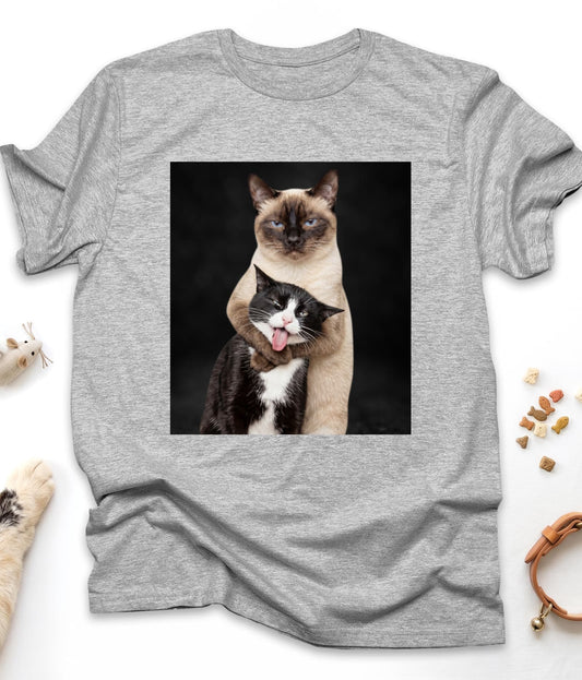 Sport Grey funny cat t-shirt with "Hugging Cats" design, front view