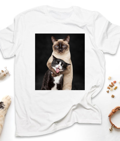 White funny cat t-shirt with "Hugging Cats" design, front view