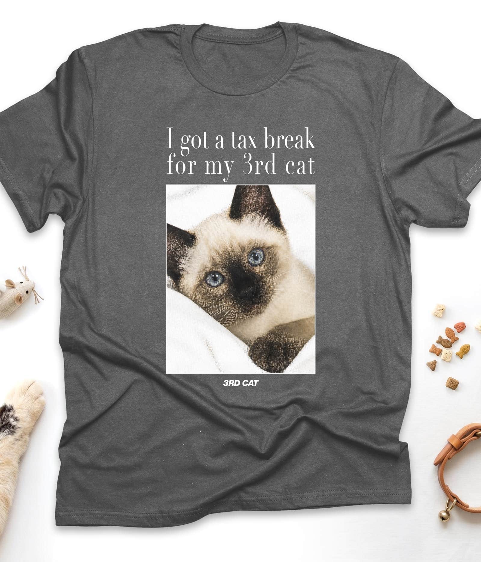 Dark Heather funny cat t-shirt with "I Got A Tax Break For My 3rd Cat (Siamese)" design, flat lay top view