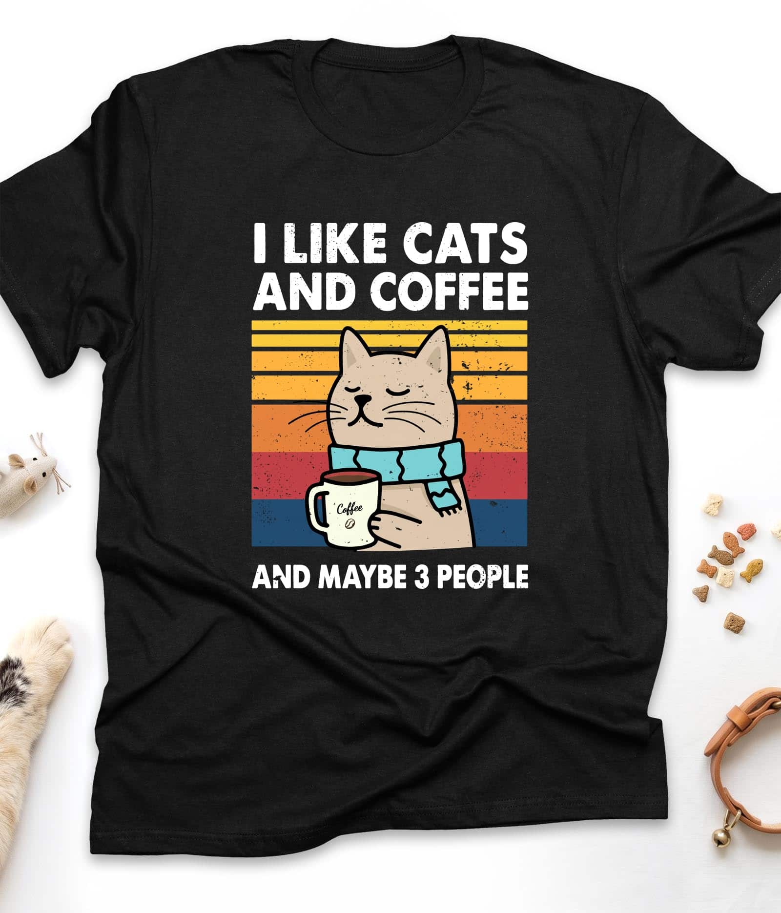 Black funny cat t-shirt with "I Like Cats And Coffee And Maybe 3 People" design, front view