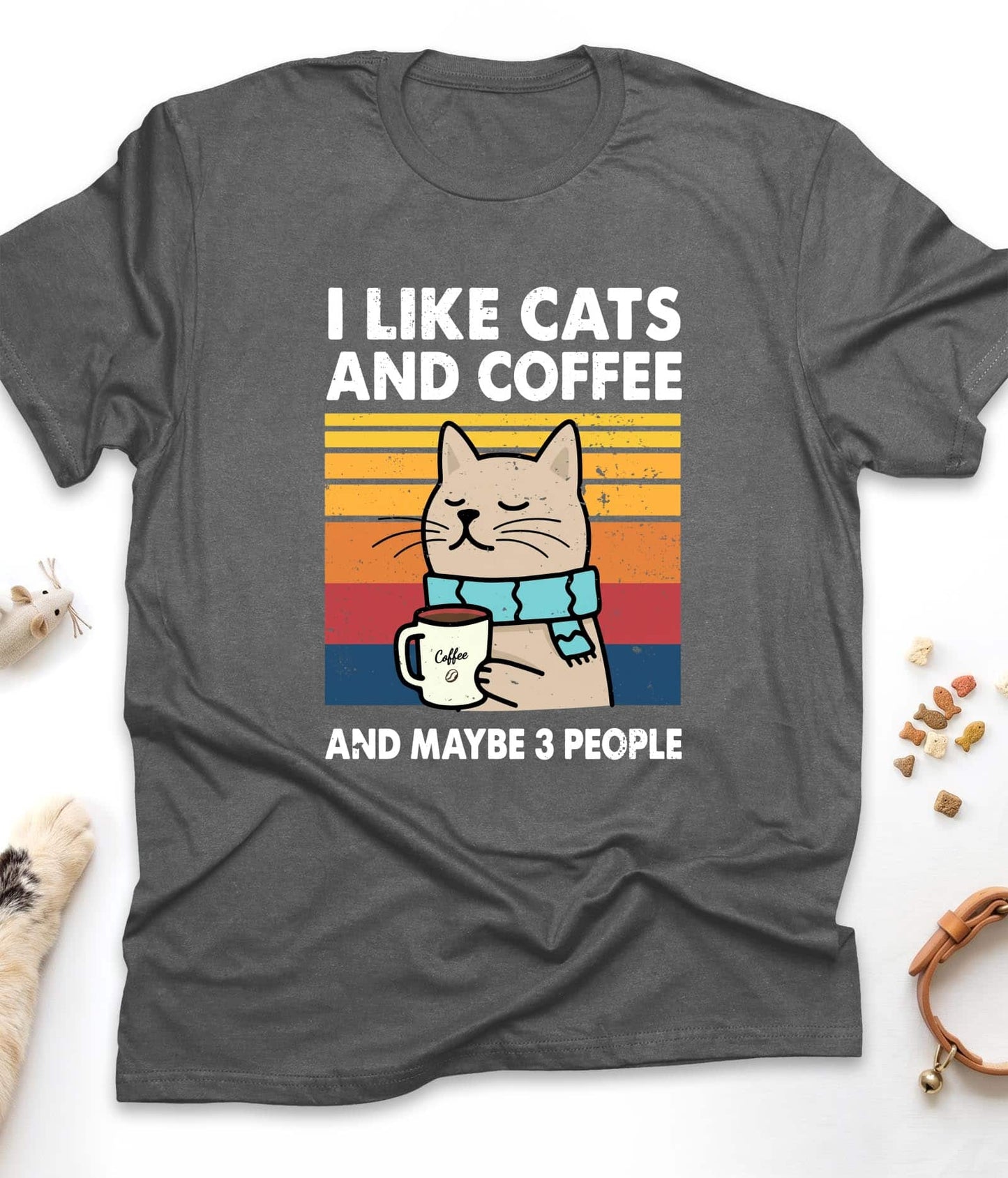 Dark Heather funny cat t-shirt with "I Like Cats And Coffee And Maybe 3 People" design, front view