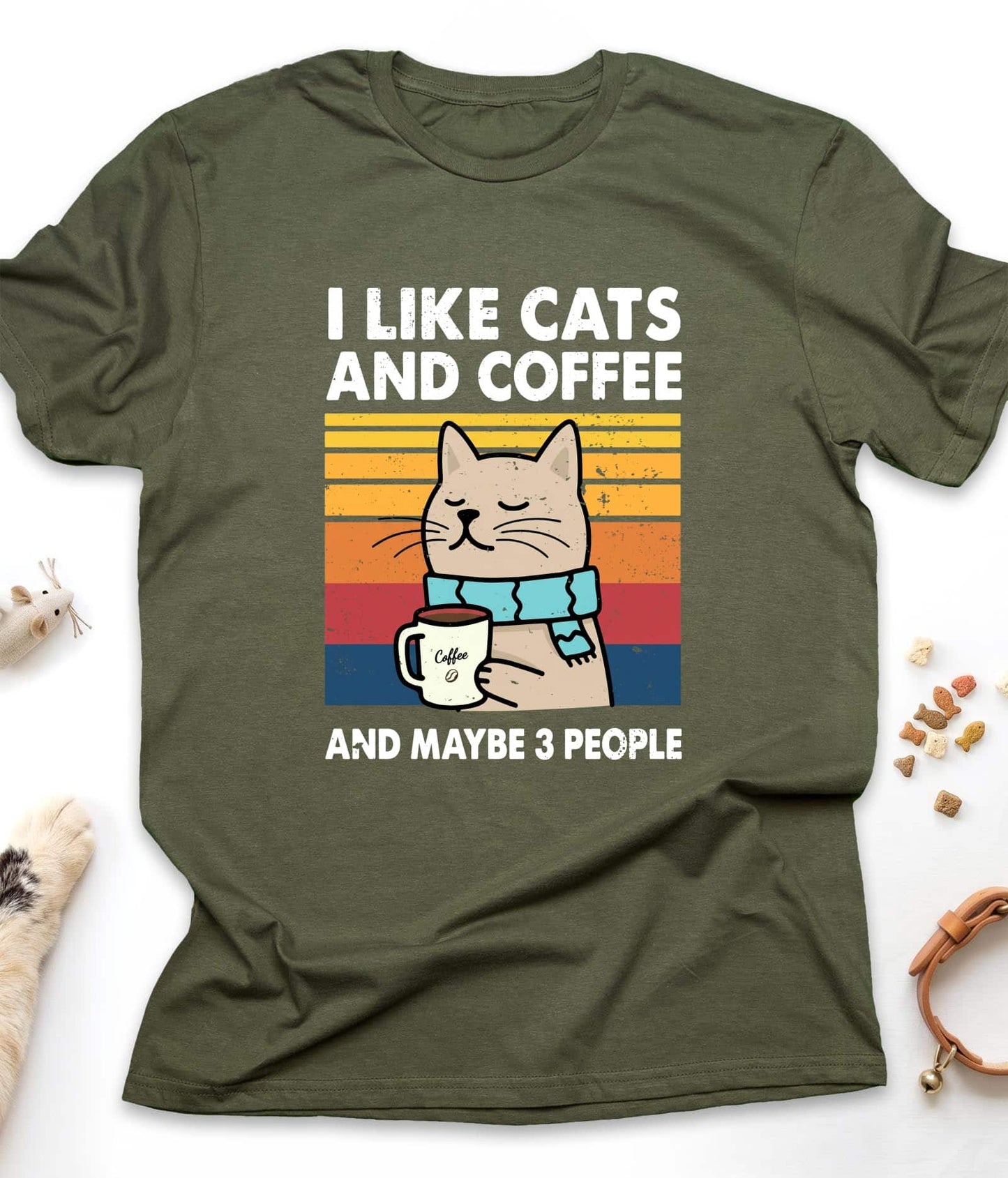 Military Green funny cat t-shirt with "I Like Cats And Coffee And Maybe 3 People" design, front view