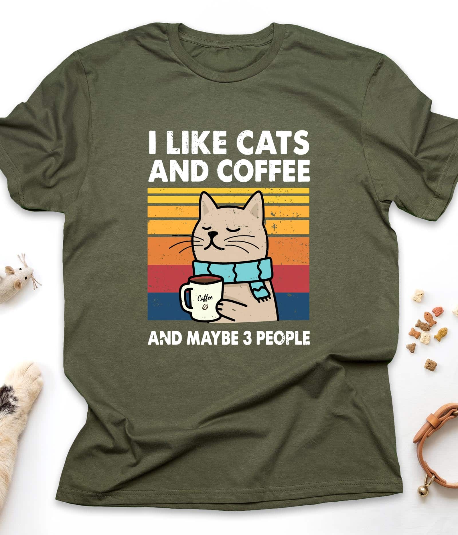 Military Green funny cat t-shirt with "I Like Cats And Coffee And Maybe 3 People" design, front view