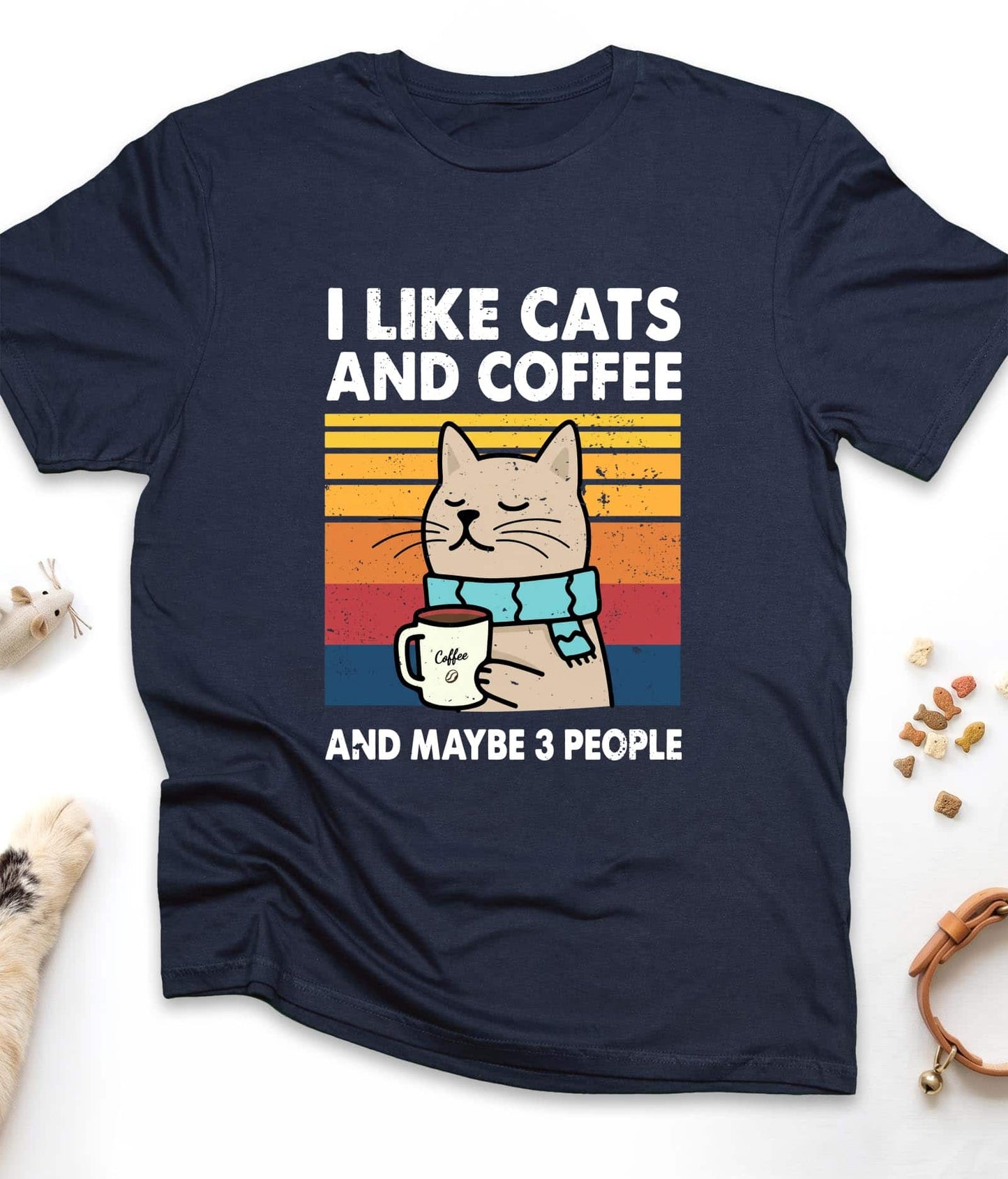Navy funny cat t-shirt with "I Like Cats And Coffee And Maybe 3 People" design, front view