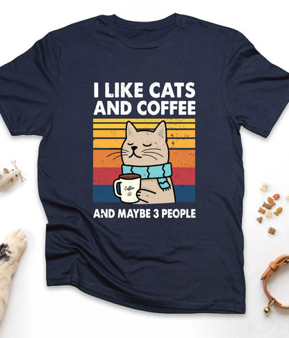 Navy funny cat t-shirt with "I Like Cats And Coffee And Maybe 3 People" design, front view