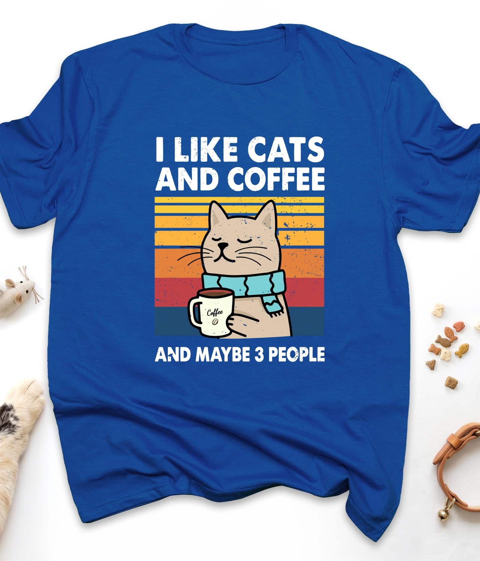 Royal funny cat t-shirt with "I Like Cats And Coffee And Maybe 3 People" design, front view