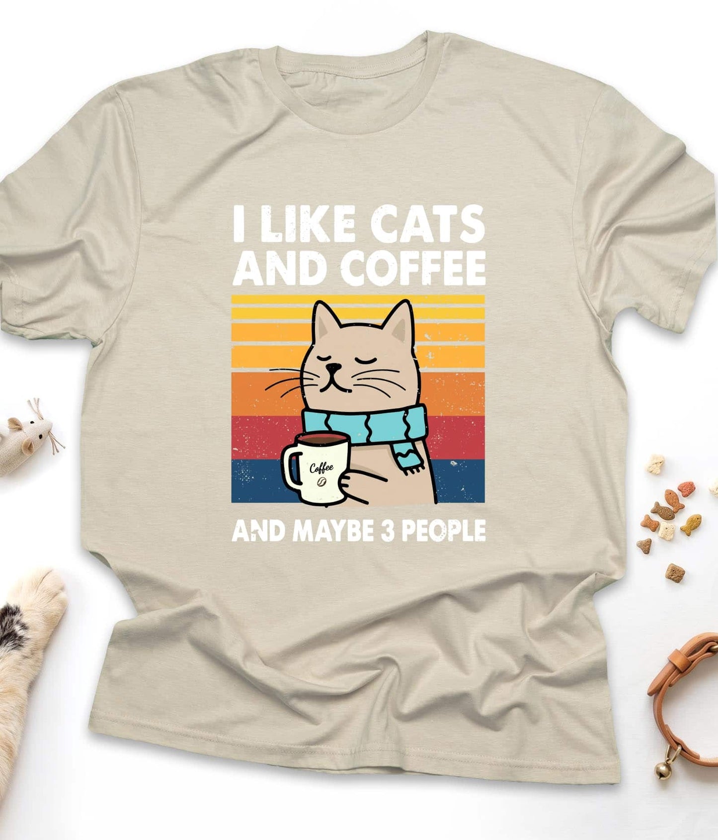 Sand funny cat t-shirt with "I Like Cats And Coffee And Maybe 3 People" design, front view