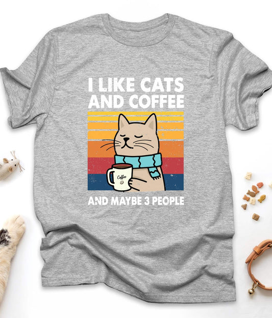 Sport Grey funny cat t-shirt with "I Like Cats And Coffee And Maybe 3 People" design, front view