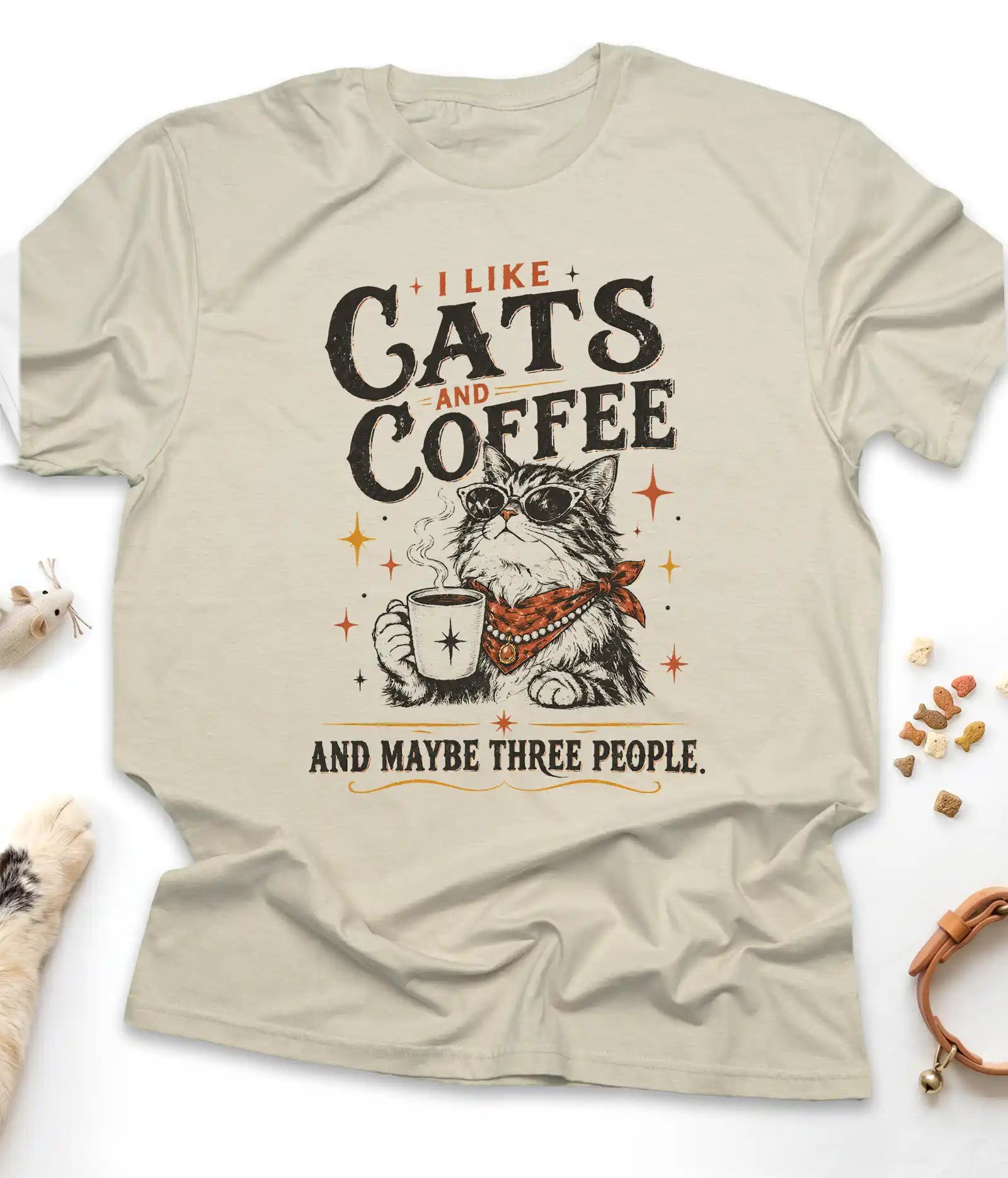 Sand funny cat t-shirt with "I Like Cats and Coffee and Maybe Three People" design, front view