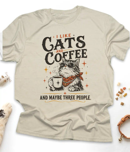 Sand funny cat t-shirt with "I Like Cats and Coffee and Maybe Three People" design, front view