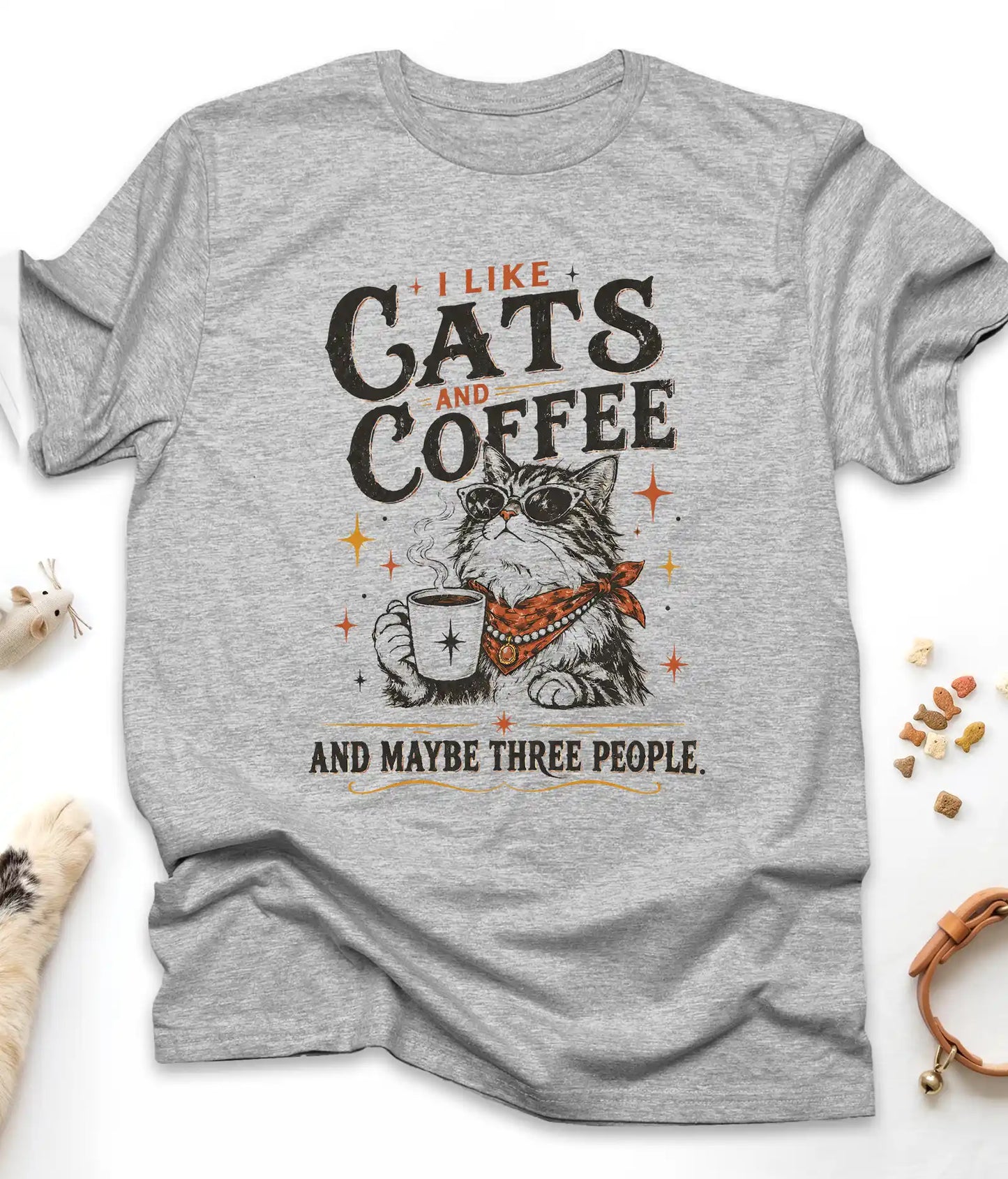 Sport Grey funny cat t-shirt with "I Like Cats and Coffee and Maybe Three People" design, front view