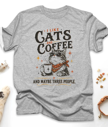 Sport Grey funny cat t-shirt with "I Like Cats and Coffee and Maybe Three People" design, front view