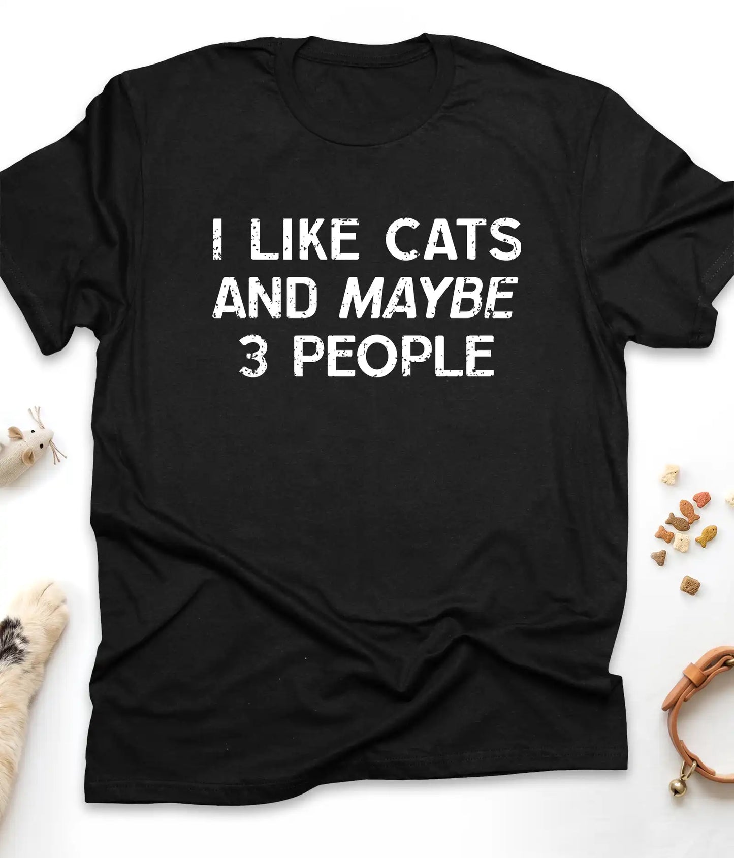 Black funny cat t-shirt with "I Like Cats And Maybe 3 People" design, front view
