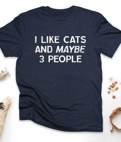 Navy funny cat t-shirt with "I Like Cats And Maybe 3 People" design, front view
