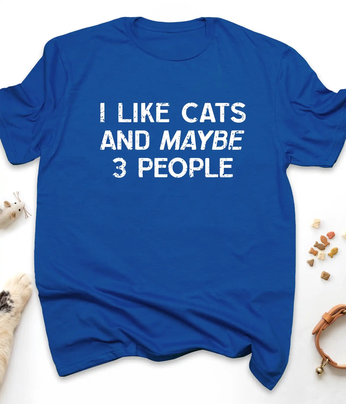Royal funny cat t-shirt with "I Like Cats And Maybe 3 People" design, front view