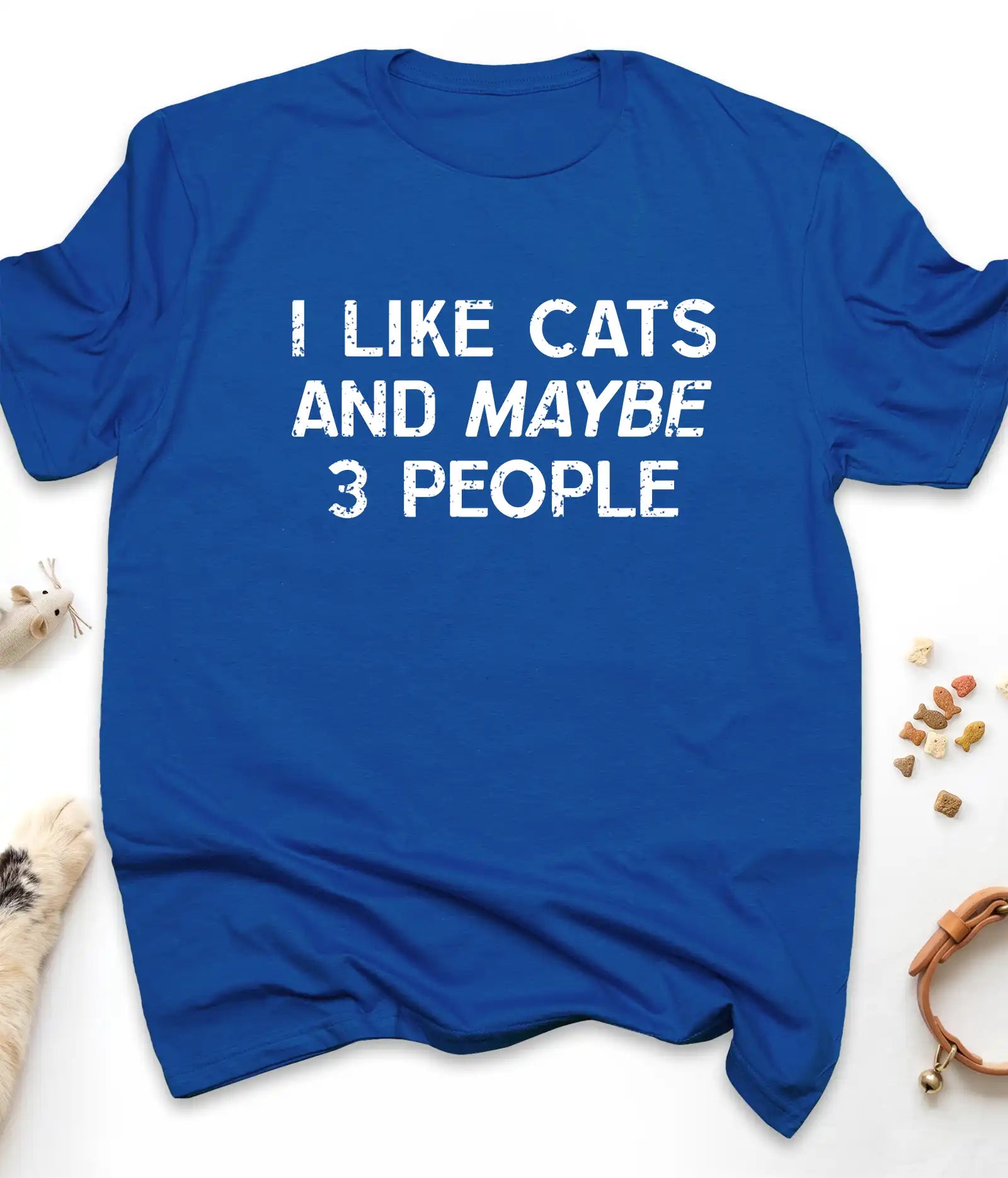 Royal funny cat t-shirt with "I Like Cats And Maybe 3 People" design, front view