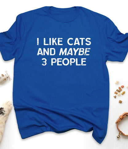 Royal funny cat t-shirt with "I Like Cats And Maybe 3 People" design, front view