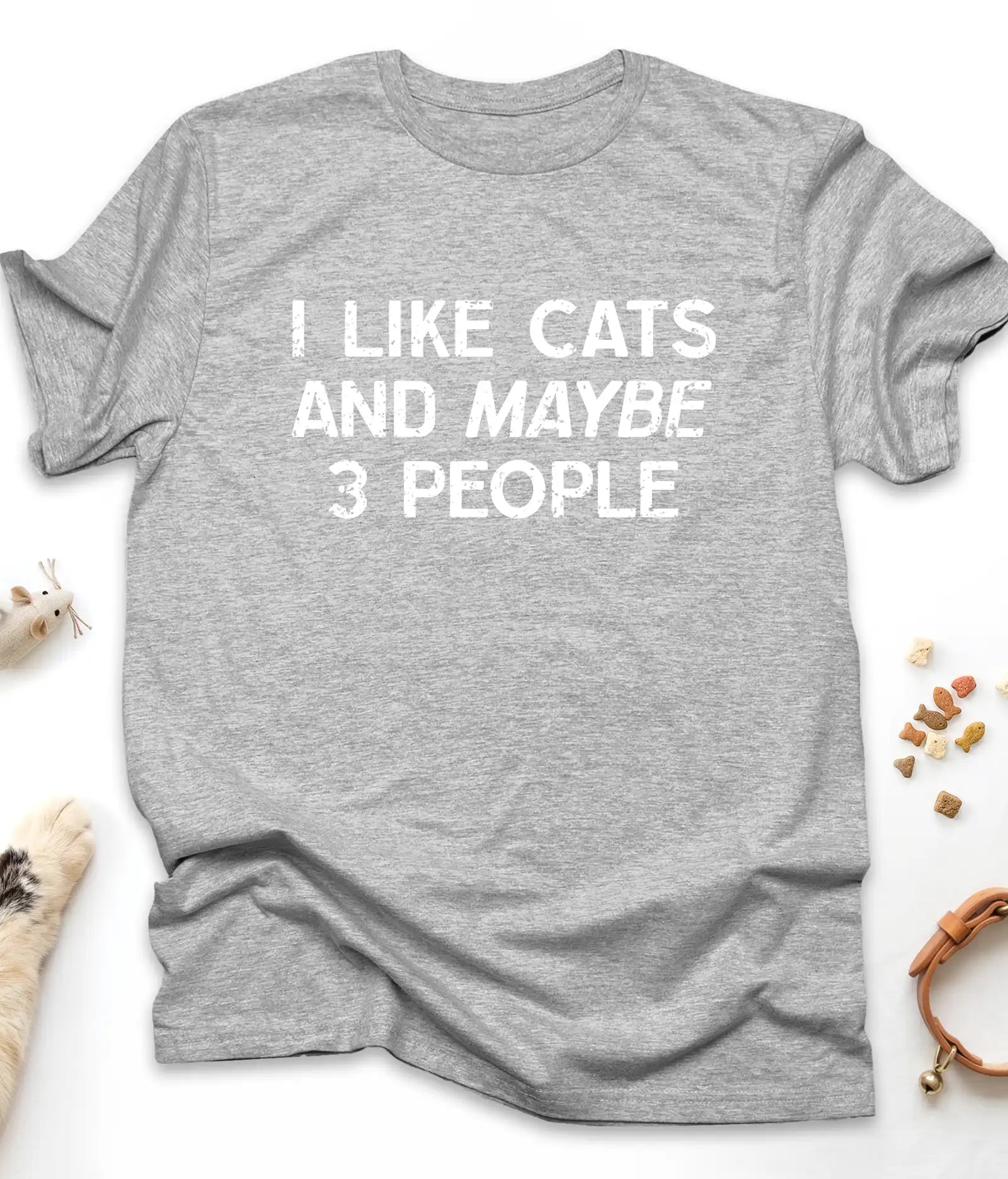Sport Grey funny cat t-shirt with "I Like Cats And Maybe 3 People" design, front view