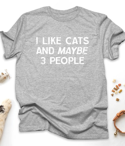 Sport Grey funny cat t-shirt with "I Like Cats And Maybe 3 People" design, front view