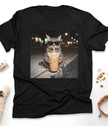 Black funny cat t-shirt with "Iced Coffee Cat at Night" design, front view