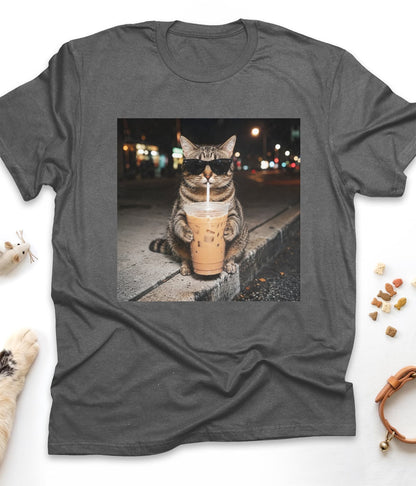 Dark Heather funny cat t-shirt with "Iced Coffee Cat at Night" design, front view