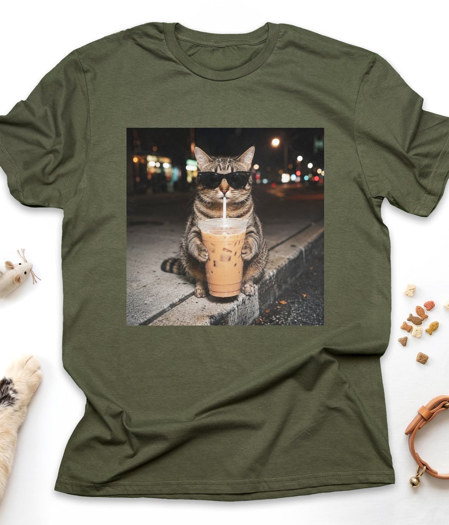 Military Green funny cat t-shirt with "Iced Coffee Cat at Night" design, front view