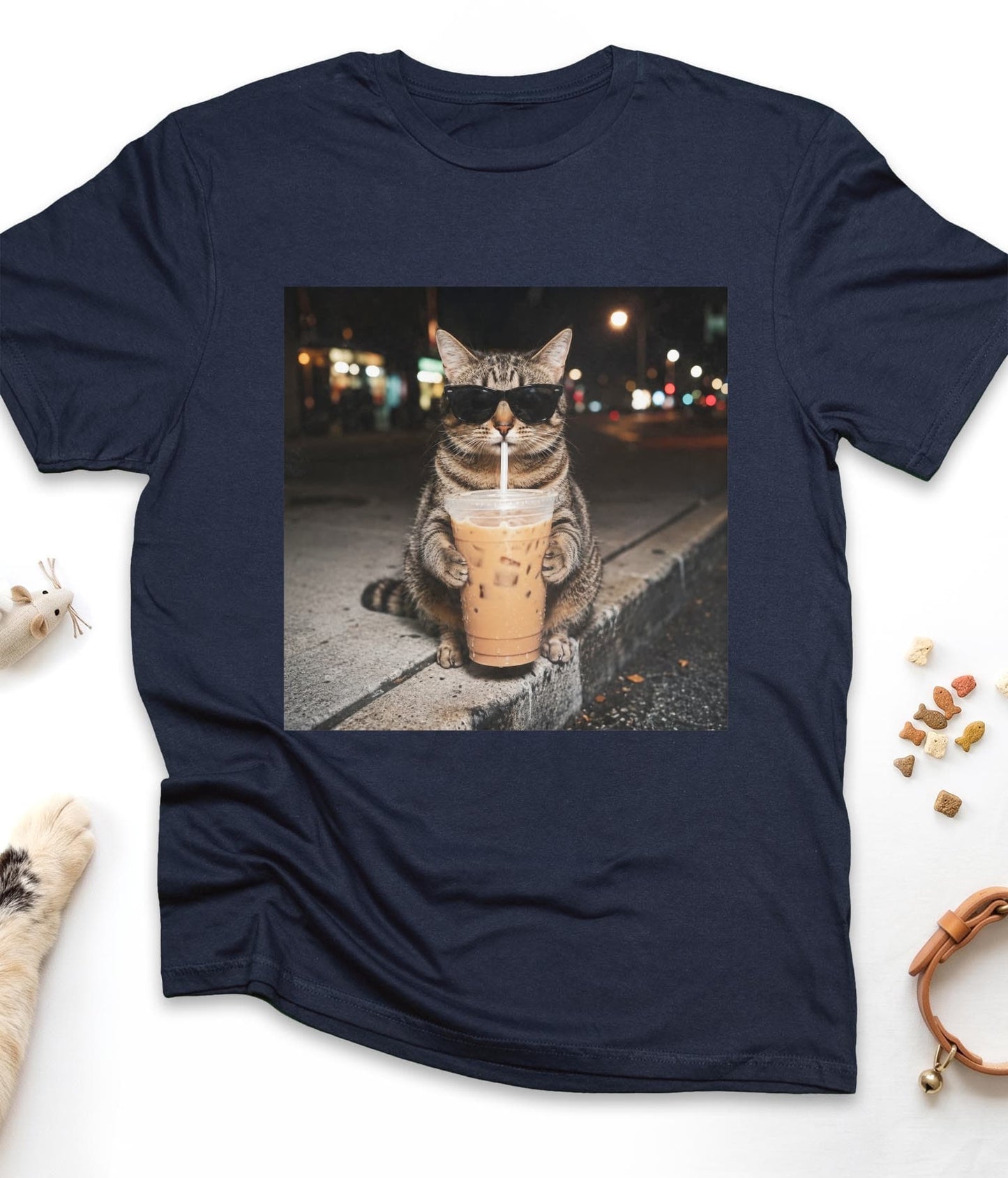 Navy funny cat t-shirt with "Iced Coffee Cat at Night" design, front view