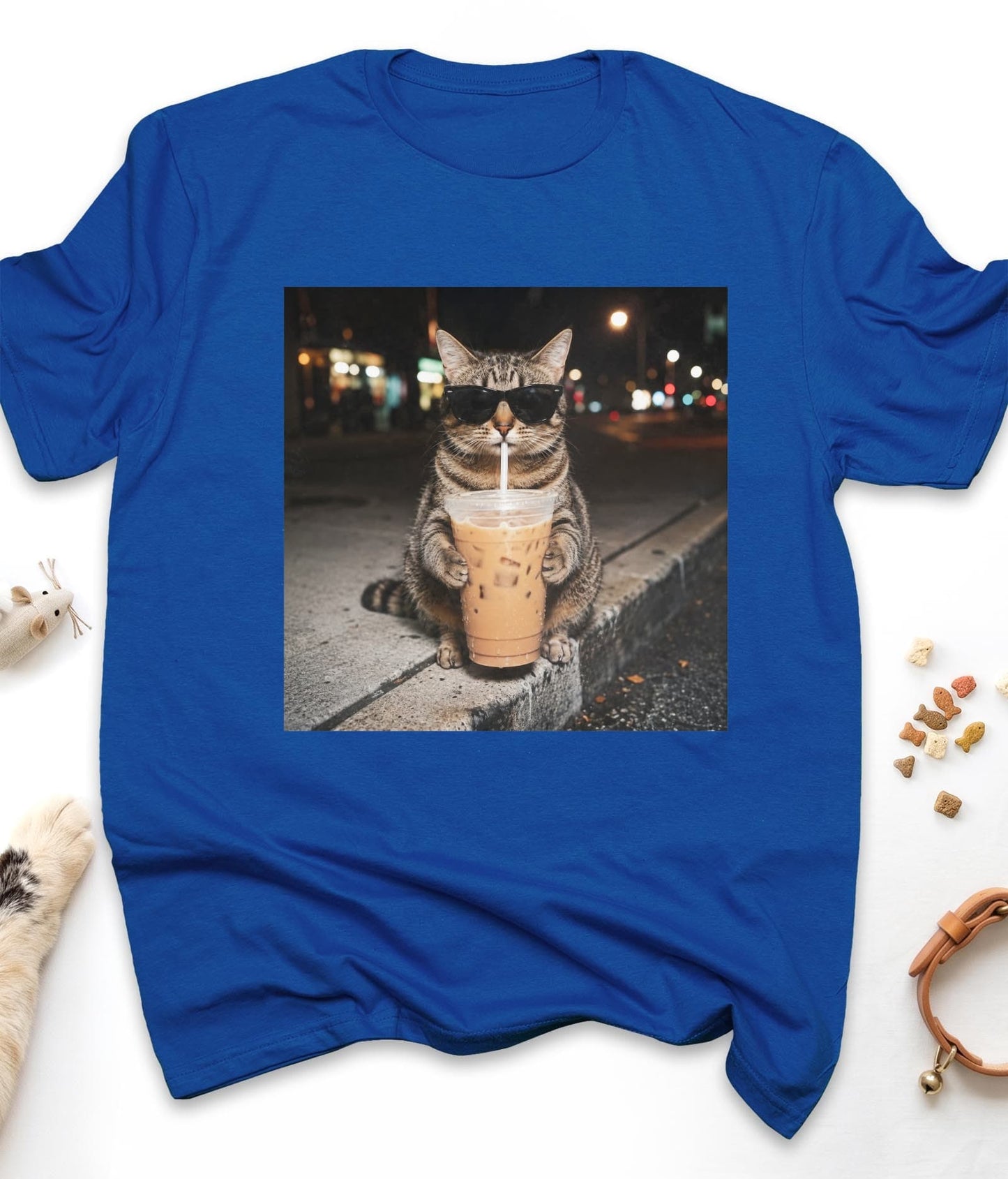 Royal funny cat t-shirt with "Iced Coffee Cat at Night" design, front view