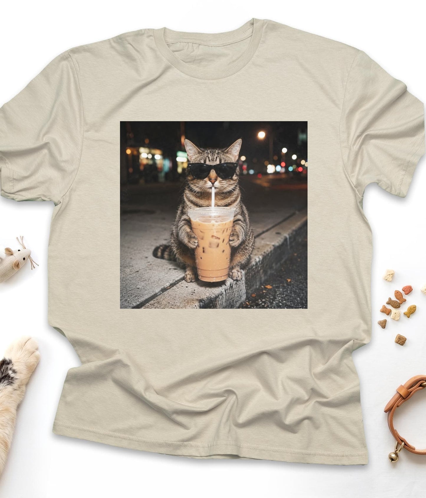 Sand funny cat t-shirt with "Iced Coffee Cat at Night" design, front view