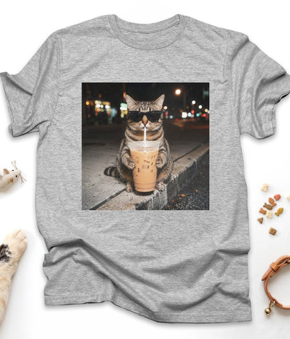 Sport Grey funny cat t-shirt with "Iced Coffee Cat at Night" design, front view