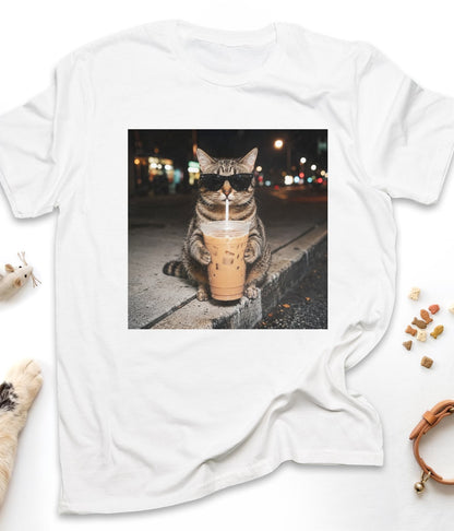 White funny cat t-shirt with "Iced Coffee Cat at Night" design, front view