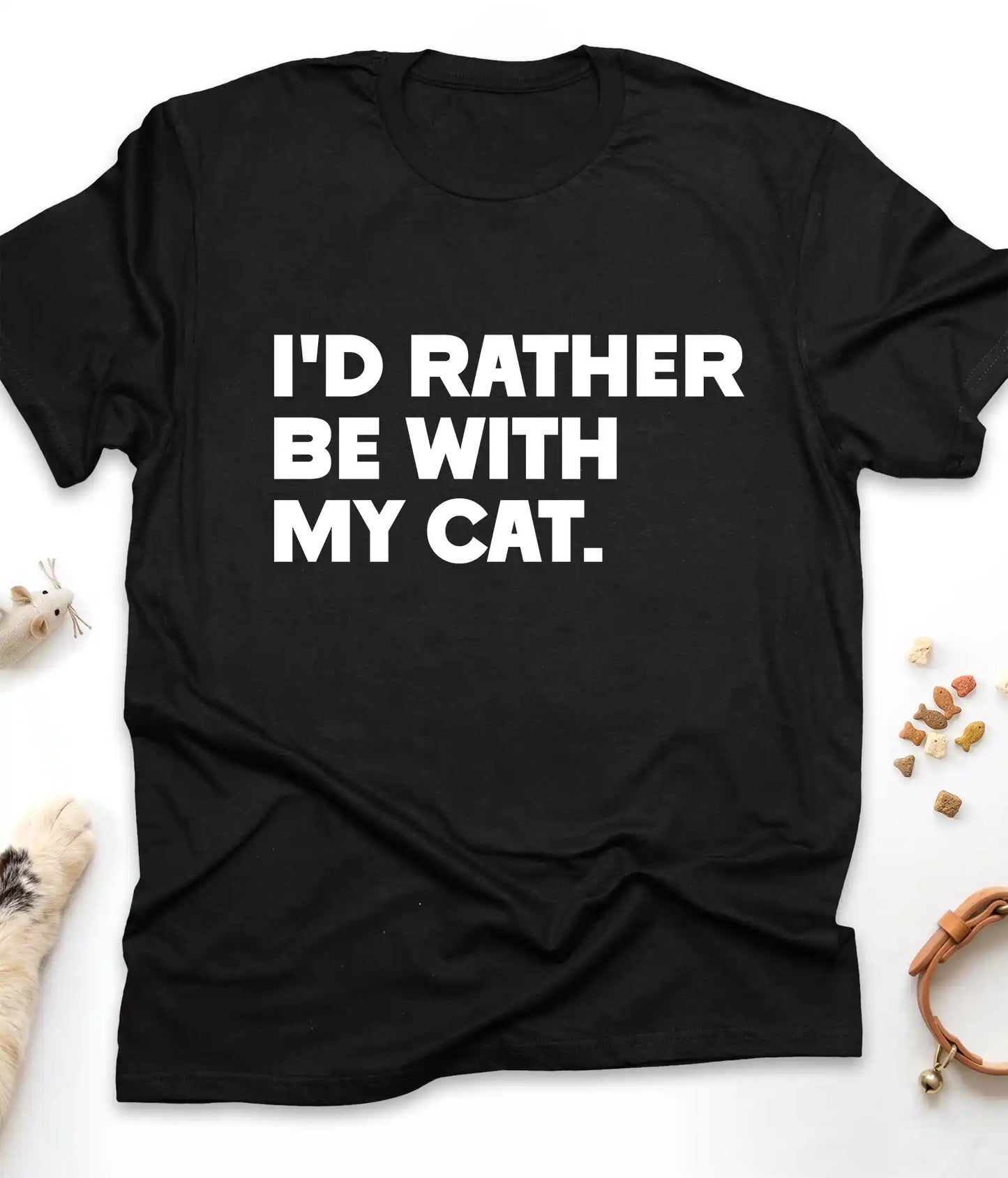 Black funny cat t-shirt with "I'd Rather Be With My Cat" text design, flat lay top view
