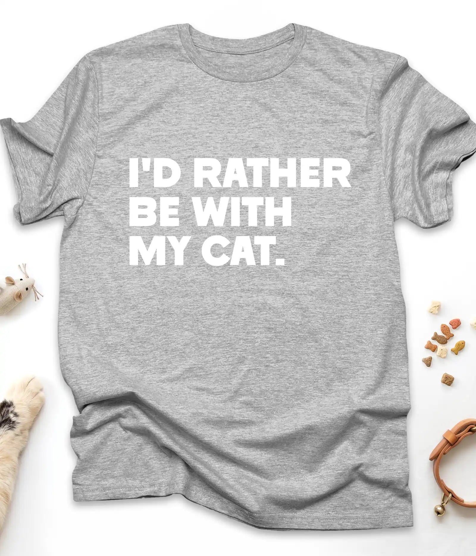 Sport Grey funny cat t-shirt with "I'd Rather Be With My Cat" text design, flat lay top view