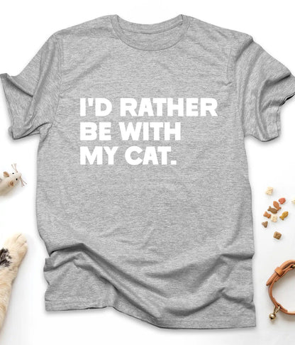 Sport Grey funny cat t-shirt with "I'd Rather Be With My Cat" text design, flat lay top view