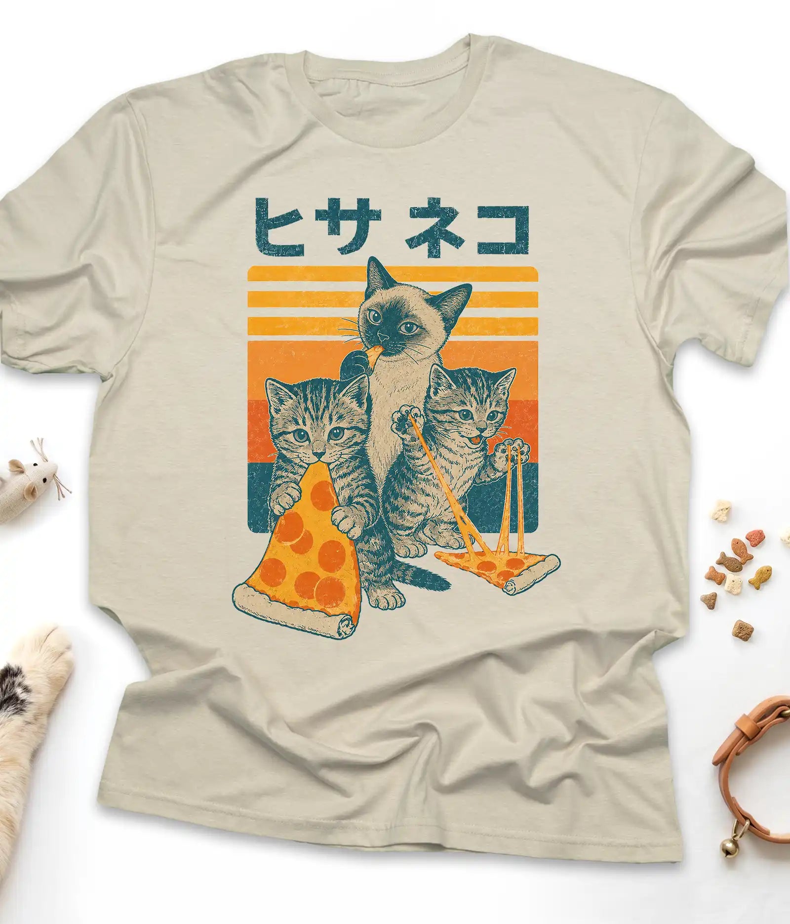 Sand funny cat t-shirt with retro style  "Japanese Pizza Cat"  vintage design, front view