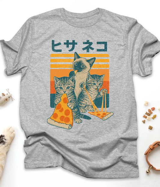 Grey funny cat t-shirt with retro style  "Japanese Pizza Cat"  vintage design, front view