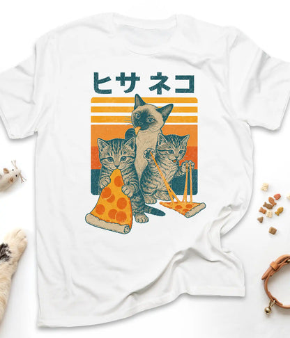 White funny cat t-shirt with retro style  "Japanese Pizza Cat"  vintage design, front view
