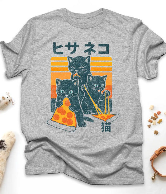 Grey funny cat t-shirt with "Japanese Pizza Cat" vintage design, front view