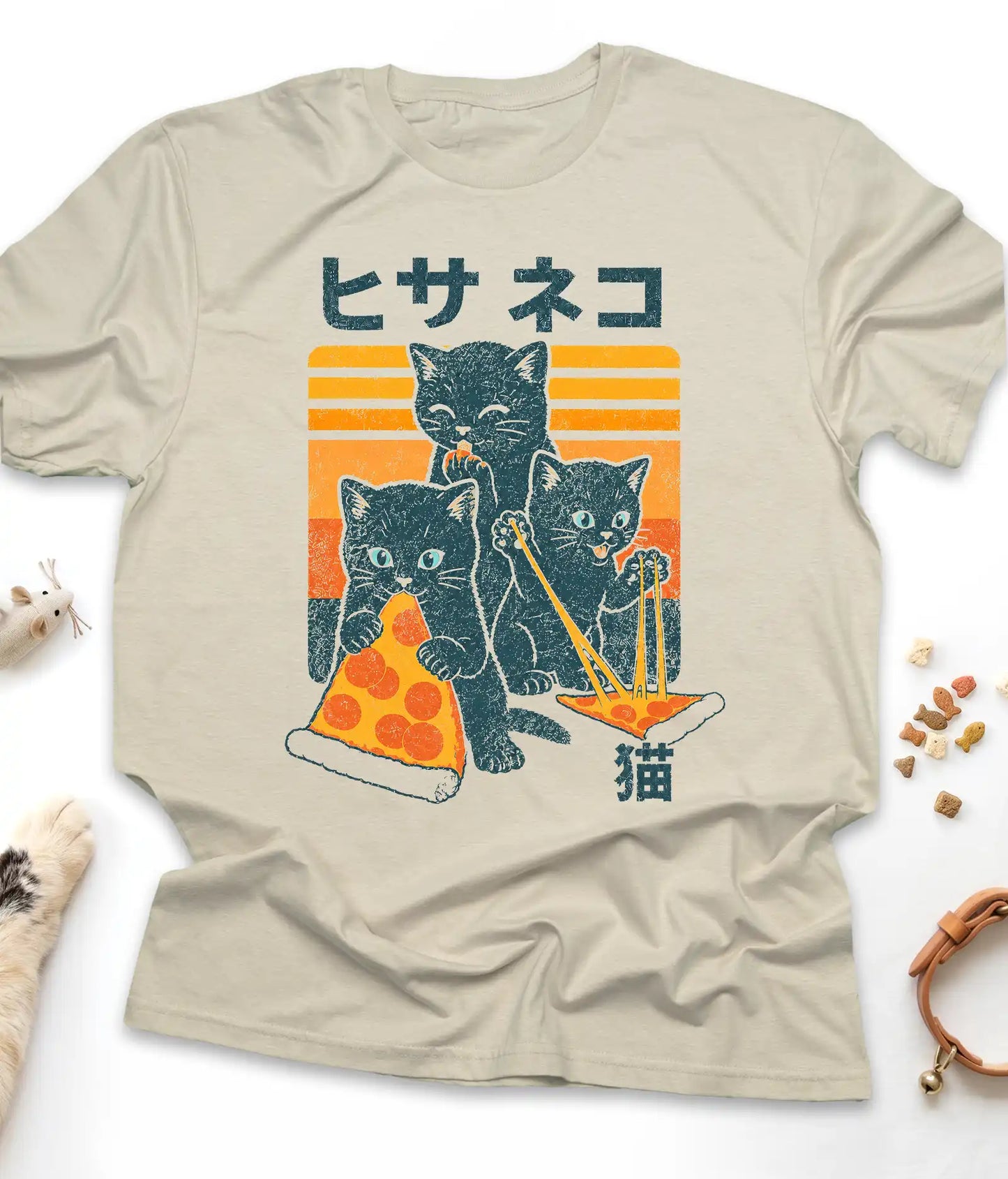 Sand funny cat t-shirt with "Japanese Pizza Cat" vintage design, front view