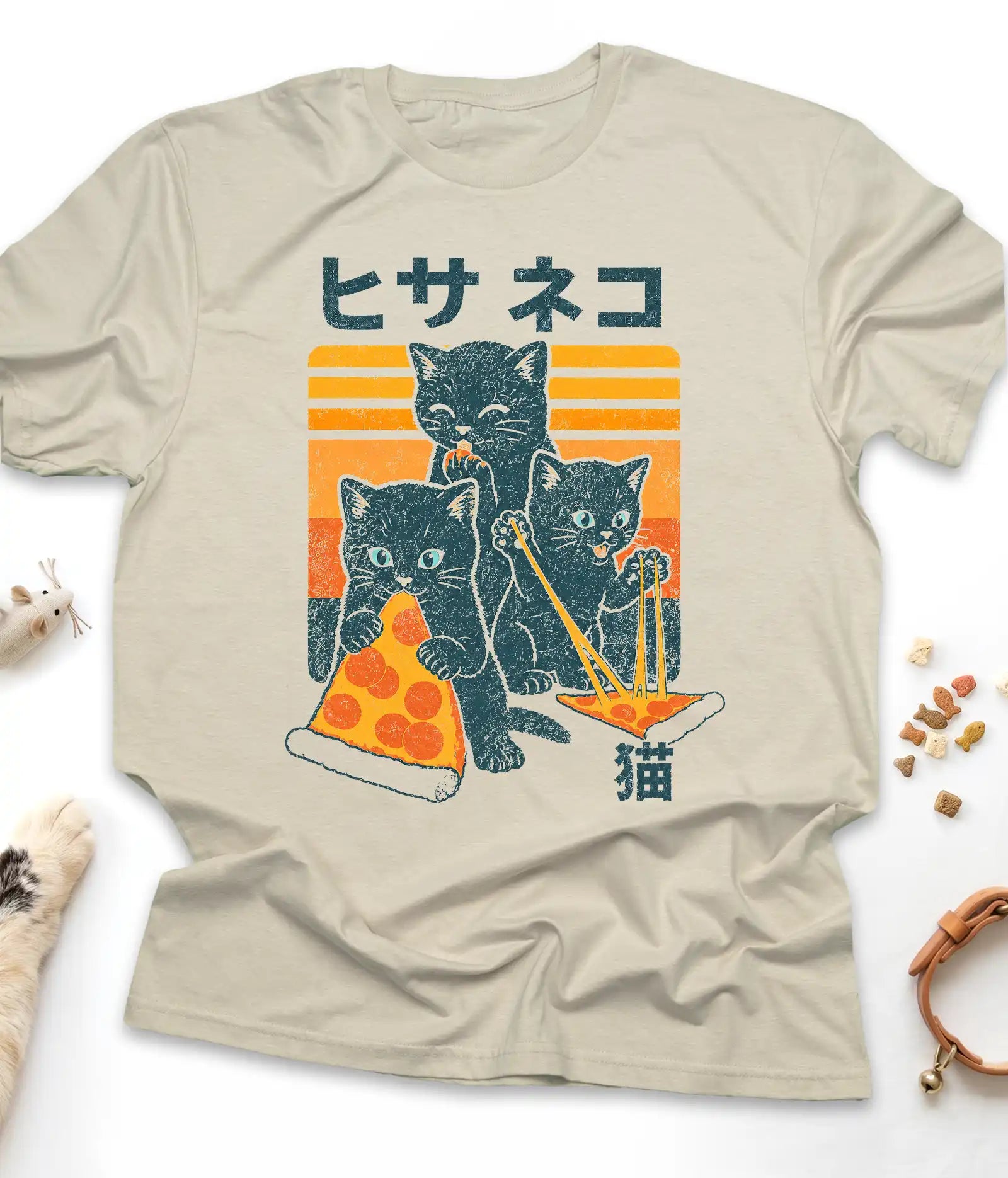 Sand funny cat t-shirt with "Japanese Pizza Cat" vintage design, front view