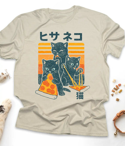Sand funny cat t-shirt with "Japanese Pizza Cat" vintage design, front view