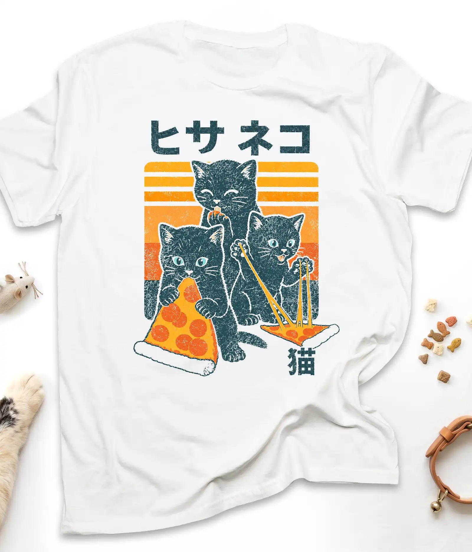 White funny cat t-shirt with "Japanese Pizza Cat" vintage design, front view